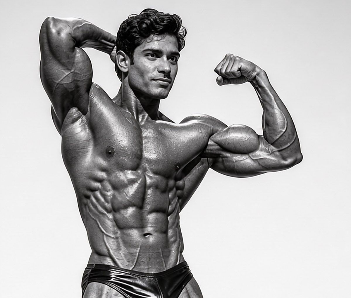 Classic physique athlete in an arm-behind-head biceps pose